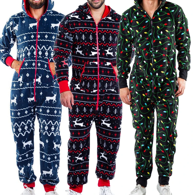 

2020 Men's Winter Pajamas Warm Christmas Elk Snowman Print Long Sleeve Pajama Man Jumpsuit Leisure Cotton Sleepwear Soft Home