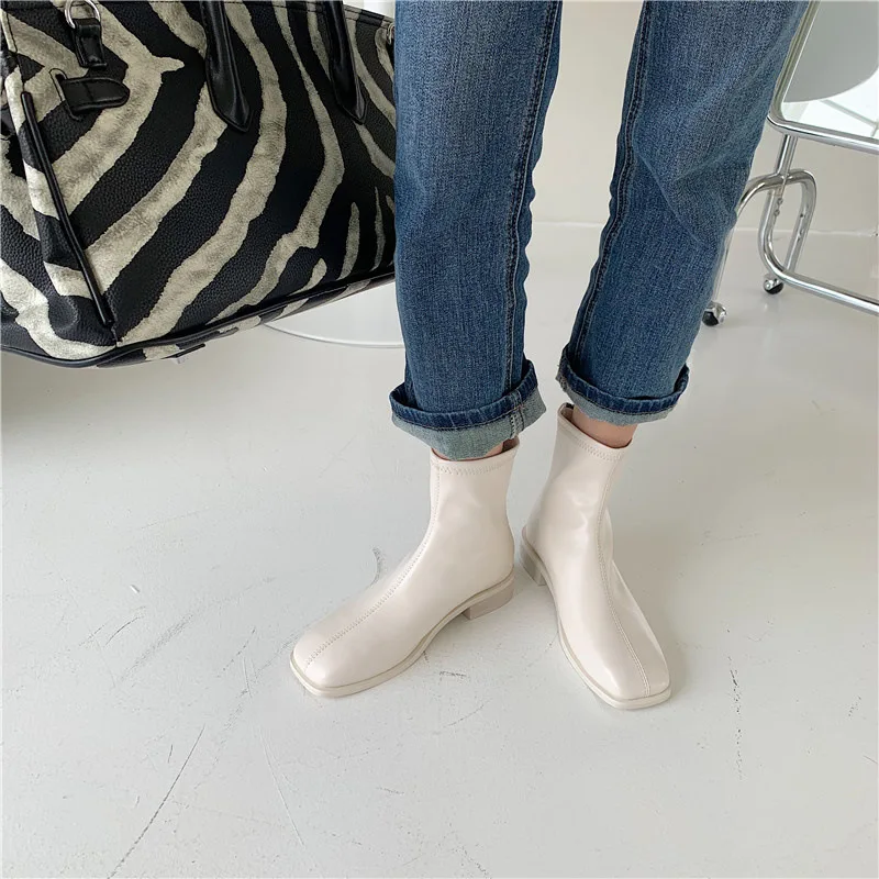 

Женские ботильоны на низком каблуке, Черные полусапожки на молнии с квадратным носком, новинка зимы 2021