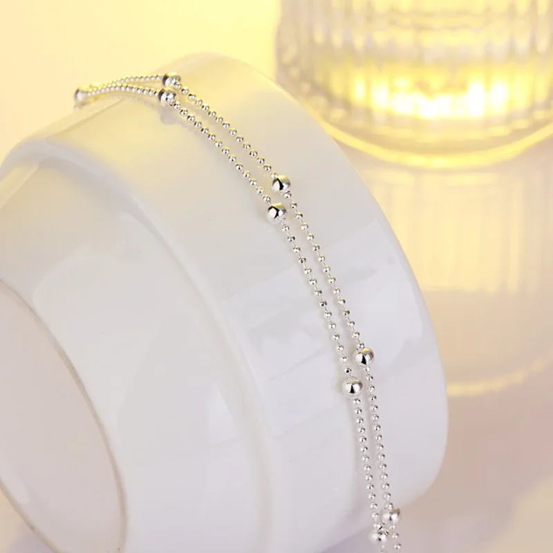 OMHXZJ Wholesale European Fashion Woman Girl Party Birthday Wedding Gift Sweet Beads Two Lines 925 Sterling Silver Anklet JL05 | Украшения