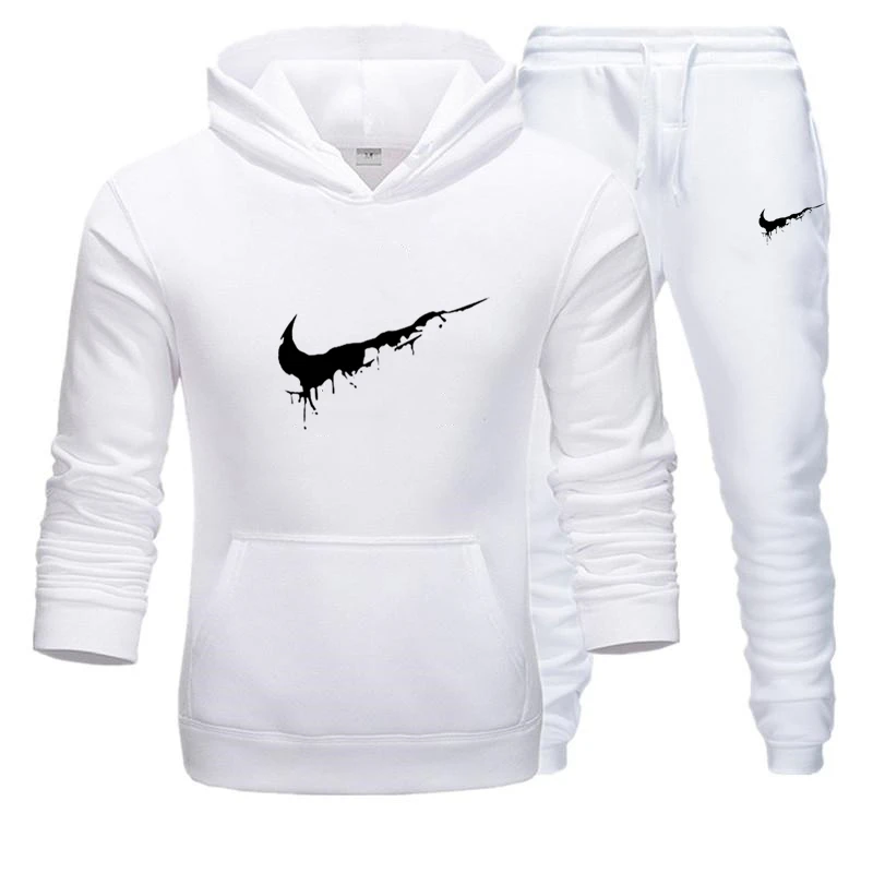 white sets Новинка, популярный бренд, Мужской пуловер с капюшоном, осень/зима, мужские комплекты, худи+ спортивные штаны, комплект из двух предметов, бодибилдинг, спортивный костюм - Цвет: white sets