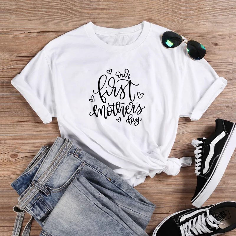 

MOTHER'S DAY Printed Short Sleeve Cotton Tshirt Women Top O-neck Funny T Shirt Women Black & White Casual Camisa Feminina Tee