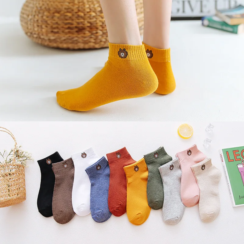 

10 Pairs Socks Women Spring Autumn Cute Cartoon Kawaii Lady Cotton Bear Partysu Men's Boat Preppy Style Invisible Socks
