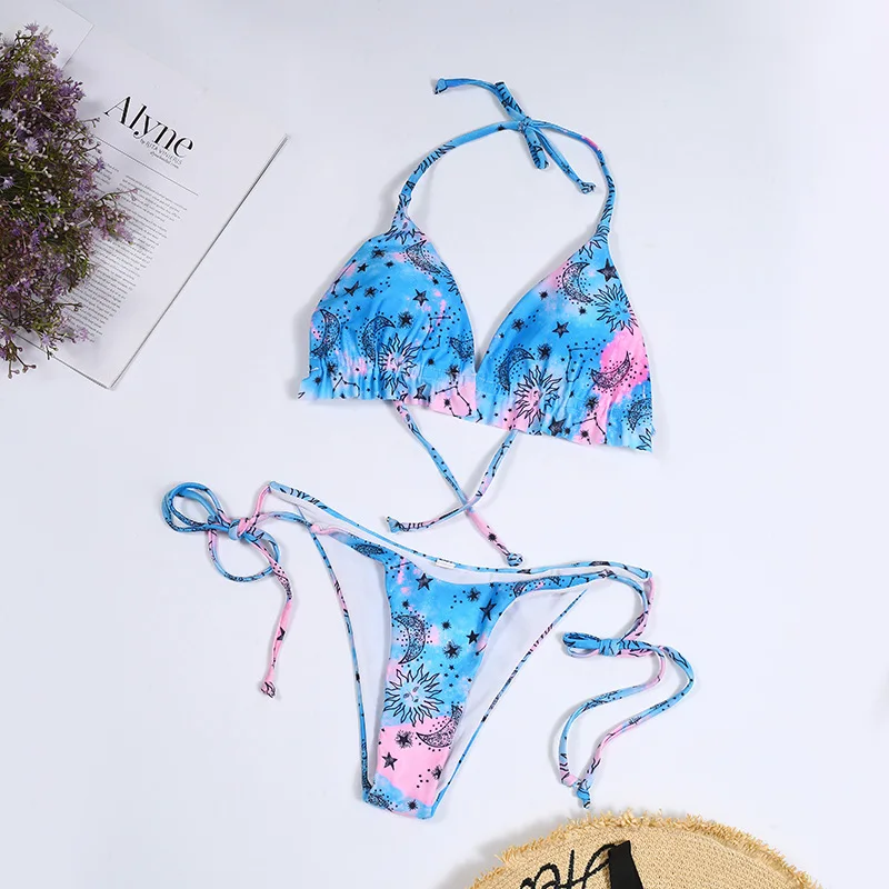 

Blue Print Bikini Set Women Sexy Swimsuit Bandage Triangle Ruffle Bathing Suit Woman Backless 2 Piece Set Women Bikini Set Traje