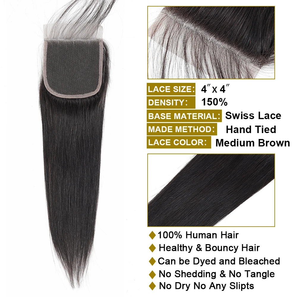 Uneed перуанские прямые волосы Кружева Закрытие 100% Remy человеческие закрытие 4x4