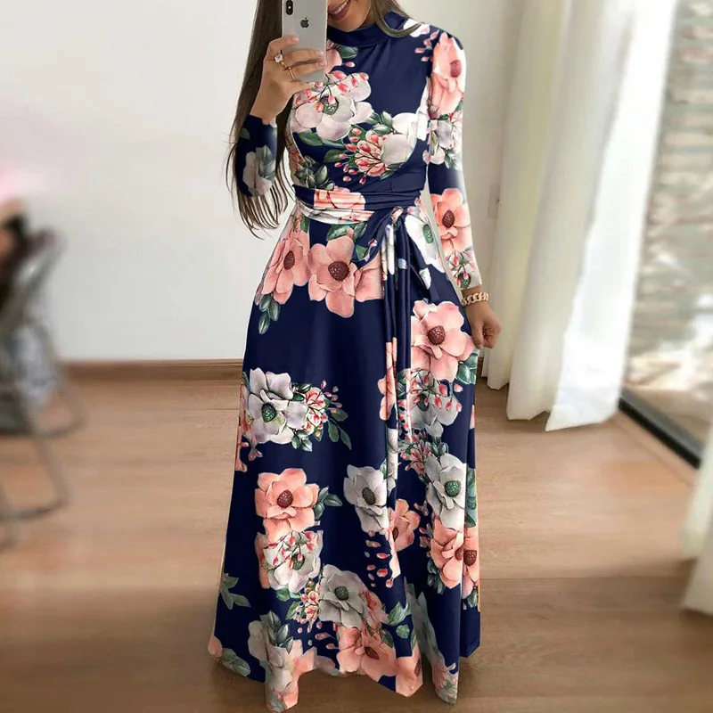 

Plus size women's summer long super long dress 2021 casual long sleeve flower print dress casual high collar bandage Vestidos