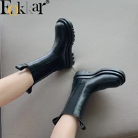2021 eokkar black all macth elastic shoes for women wedges heels slip on mid calf boots ladies thick heels short boots spring