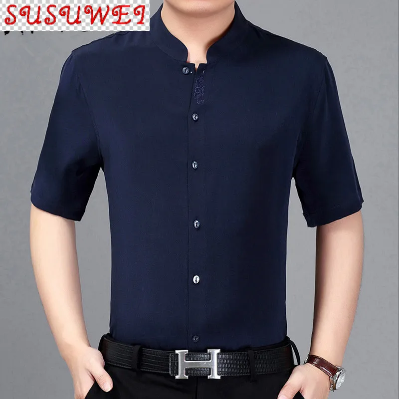 

SUSUWEI 100% Mulberry Silk Shirt Men Summer Clothes Plus Size Short Sleeve Shirt White Embroidery Chemise Homme 2021 3918 KJ4559