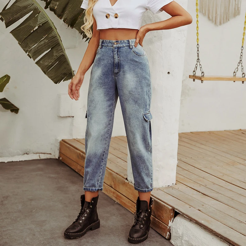 

JYSS vintage jeans for women blue cargo pants pockets leisure high waist jeans female 30056