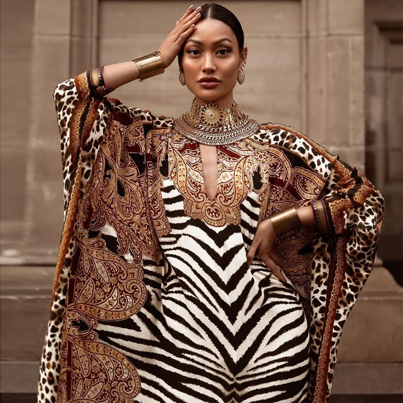 Zebra Printed Dashiki African Party Dress Women Plus Kanga Ladies Gown Muslim Abaya Kaftan Bat Sleeve V-neck Robes Maxi Dress