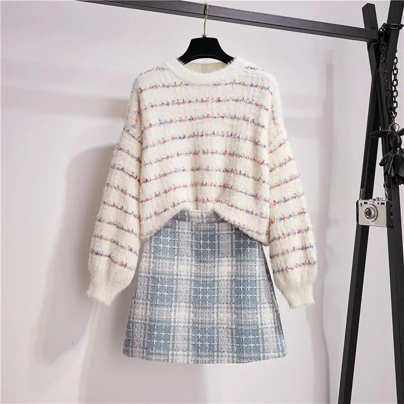 ICHOIX Женский комплект 2 шт. мягкий норковый кашемировый свитер + твидовая юбка