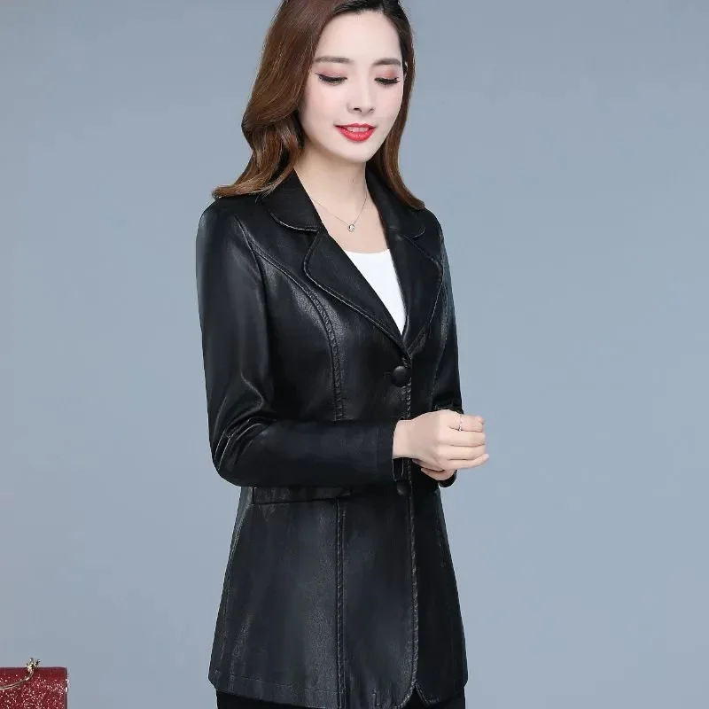Female Leather Jacket 2022 Women New Plus Velvet Autumn Winter Short Leather Jacket Suit Collar Slim Slimming Coat C9