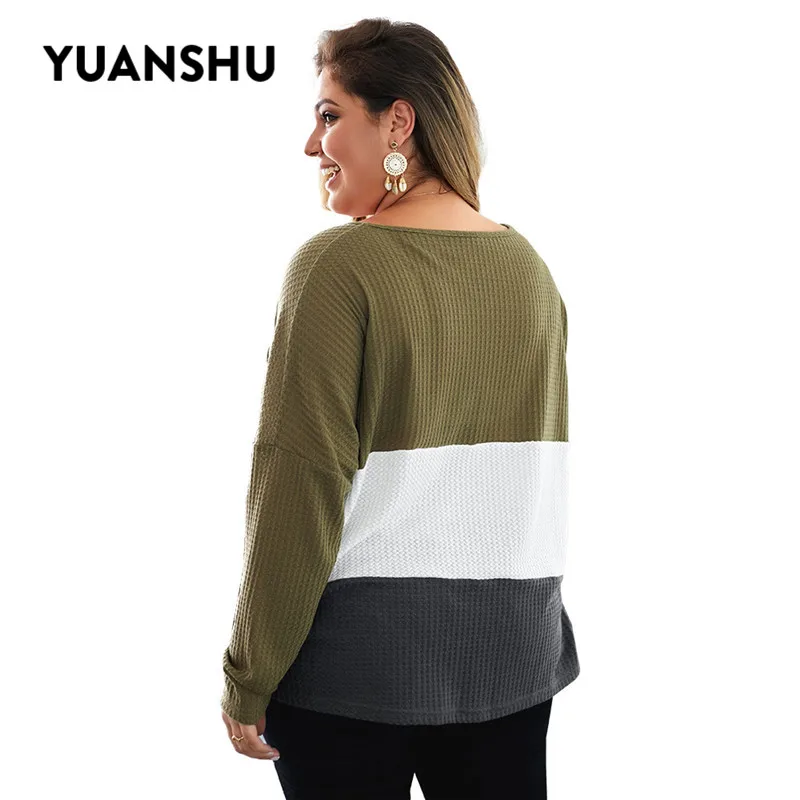 YUANSHU Fashion Striped Patchwork Knitted Plus Size Blouse Women V Neck Pocket High Quality Loose Tops XL-4XL Large Blouses | Женская