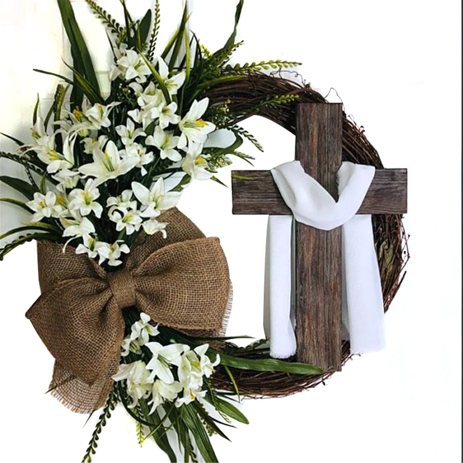 

Easter Wreath With Cross Burlap Bow Rustic Grapevine Wreath Spring Decorating DIY Easter Front Door Wreath Decoration F2