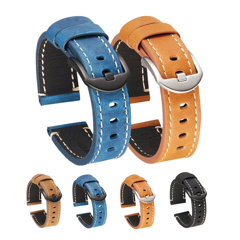 

Crazy Horse Texture Genuine Leather Watchbands 22mm for Galaxy Gear S3 Amazfit Huawei GT 2E Honor GS Pro Retro Watch Strap Band