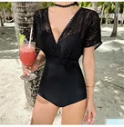 Женский слитный купальник с коротким рукавом, однотонный купальный костюм, монокини с высоким вырезом, кружевной купальник с оборками, подушечки в Корейском стиле