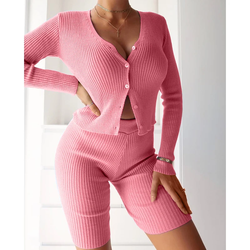 

Summer Purple Knit Crop Top Knitted Mini Bodycon Shorts Two Piece Set 2020 V Neck Long Sleeve And Casual Women Outfit Sexy