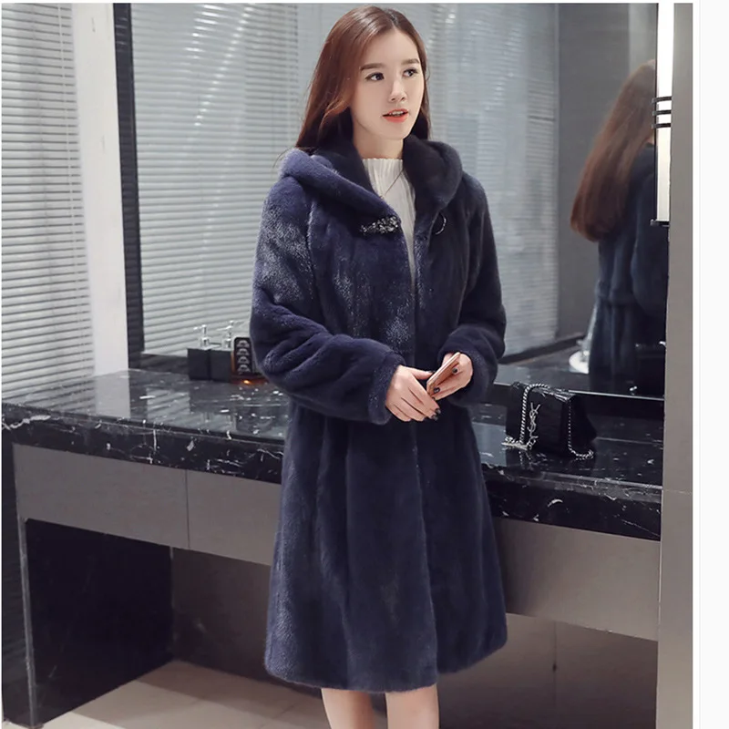 

utumn and winter new ladies fur coat imitation mink fur coat whole mink mid-length hooded windbreaker slim fit to keep warm