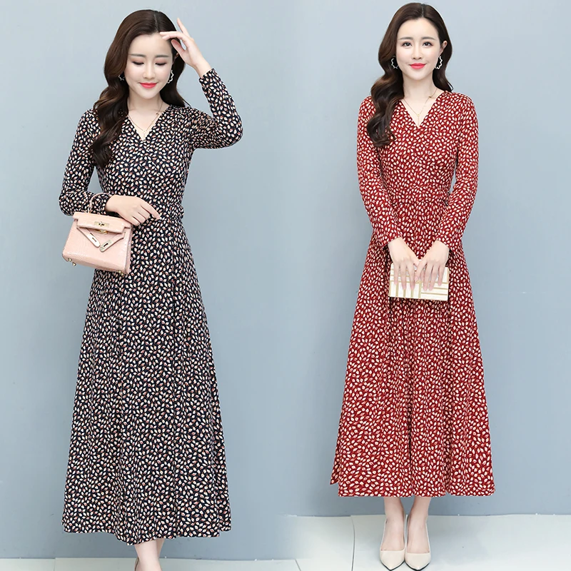 Женское длинное платье с V образным вырезом длинным рукавом и цветочным