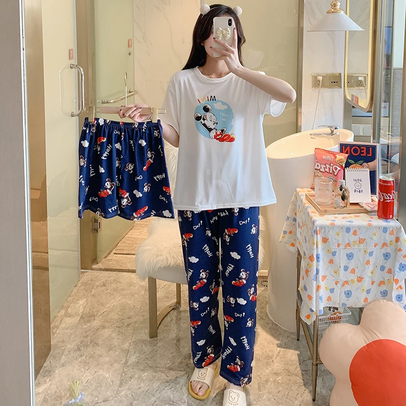 

Летняя Пижама, женские тонкие пижамные комплекты с коротким рукавом и длинными шортами из мультфильмов, женская пижама из трех предметов дл...
