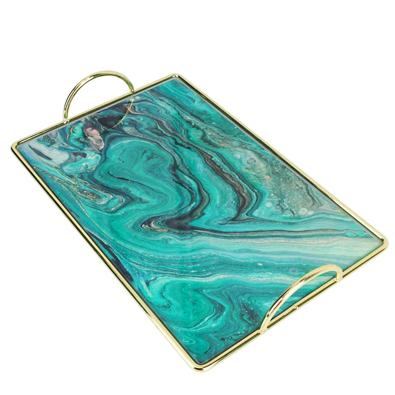 

Square Marble Agate Texture Tempered Glass Mirror Trays Decorative Coffee Table Bathroom Skin Care Product Storage Jewelry Plate