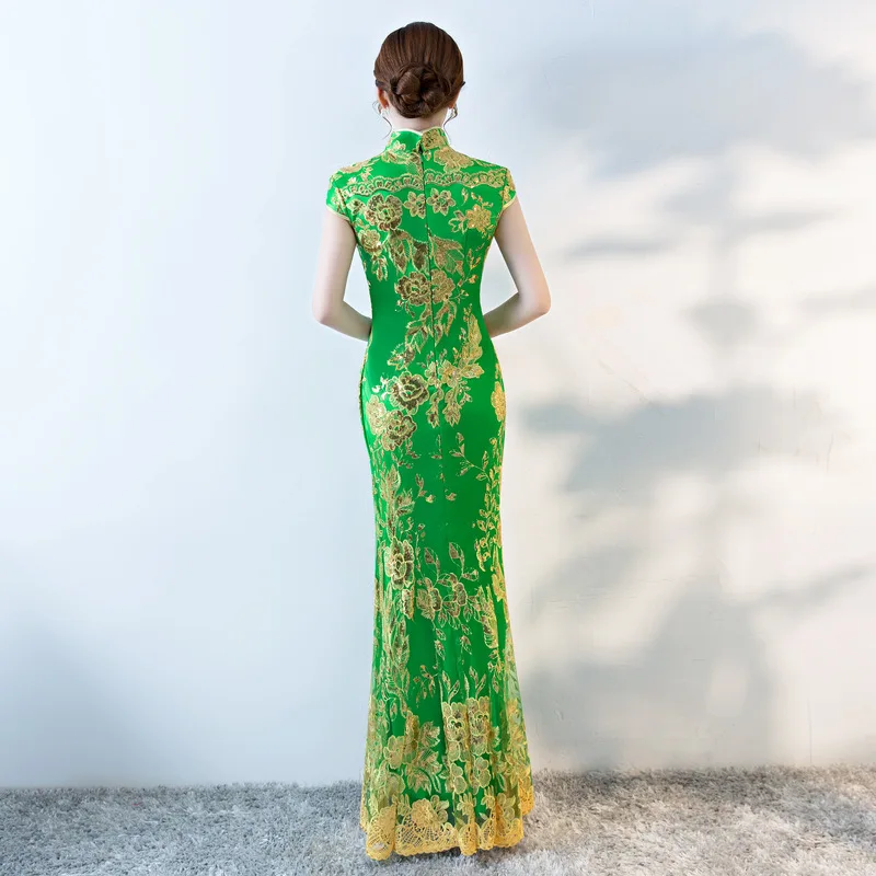 Женское винтажное зеленое облегающее платье Ципао вечернее в китайском стиле с