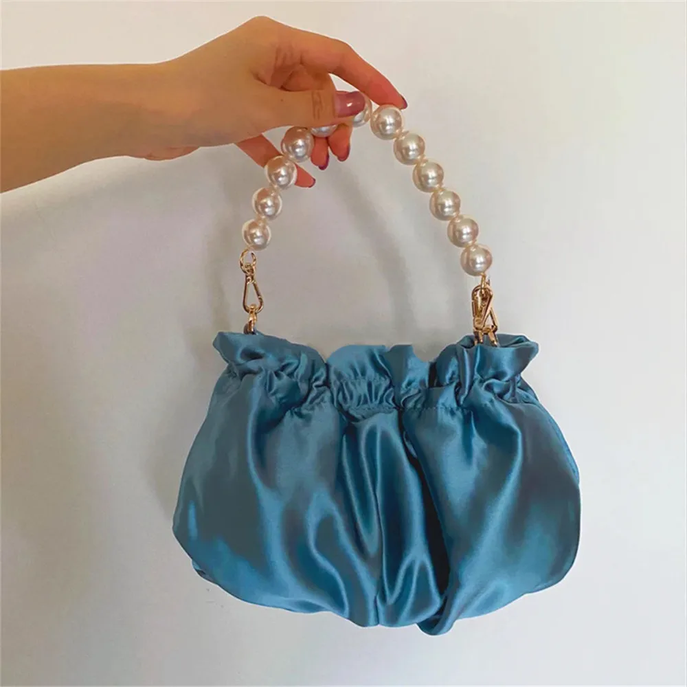 

2020 Summer Blue Pearl Handbag Women Chain Pleated Satin Silk Bag With Diagonal Span