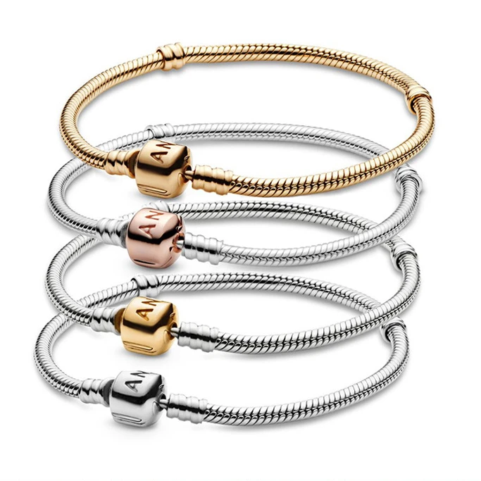 

Rose Gold Bracelet Retro Alphabet Buckle White Copper Silver Plated Snake Bones Chain 18K Gold