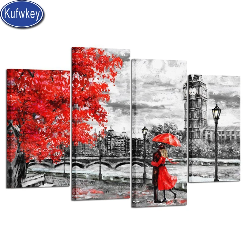 Перекресная строчка алмазов картина черный белый цвет и красная пара зонтиков на