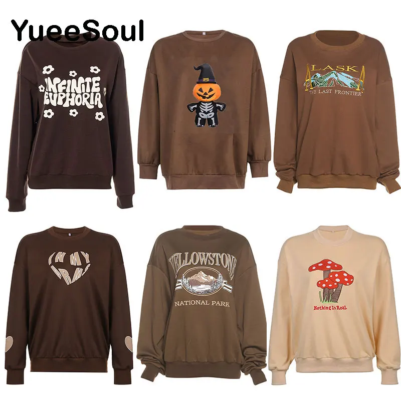 

2021 New Brown Women Sweatshirts O Neck Long Sleeve Loose Oversized Sweatshirt Fashion Y2K Aesthetics Vintage Cute 90s Pullovers