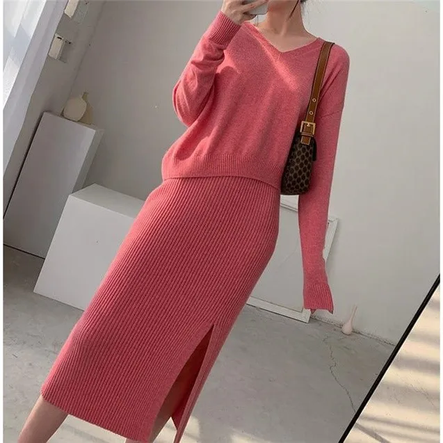 

2021 Spring Autumn Women's Knitting Costume V-neck Solid Color Pullover Sweater + Slim Skirt Two-Piece Set