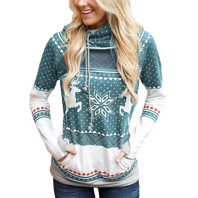 

Christmas Hoodies Women Zipper Dot Elk Snowflake Printed Sweatshirt Female Drawstring Hoody Pullover