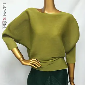 LANMREM однотонная короткая футболка с круглым вырезом и рукавами летучая мышь, Женская винтажная Повседневная Свободная плиссированная футболка, новинка весны 2022, PD208