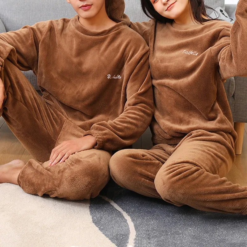 Pajamas For Couples Set Thick Warm Coral Fleece Homewear Winter Lounge Men's Clothing Soft Loose Pajamas Women Home Clothes Suit