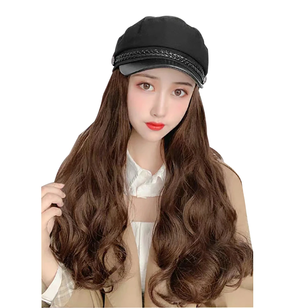 Women Long Wave Straight Wig Hairpiece Hair Extension with Peaked Cap Hat Multicolor Naturally Connect Hat Wig Adjustable