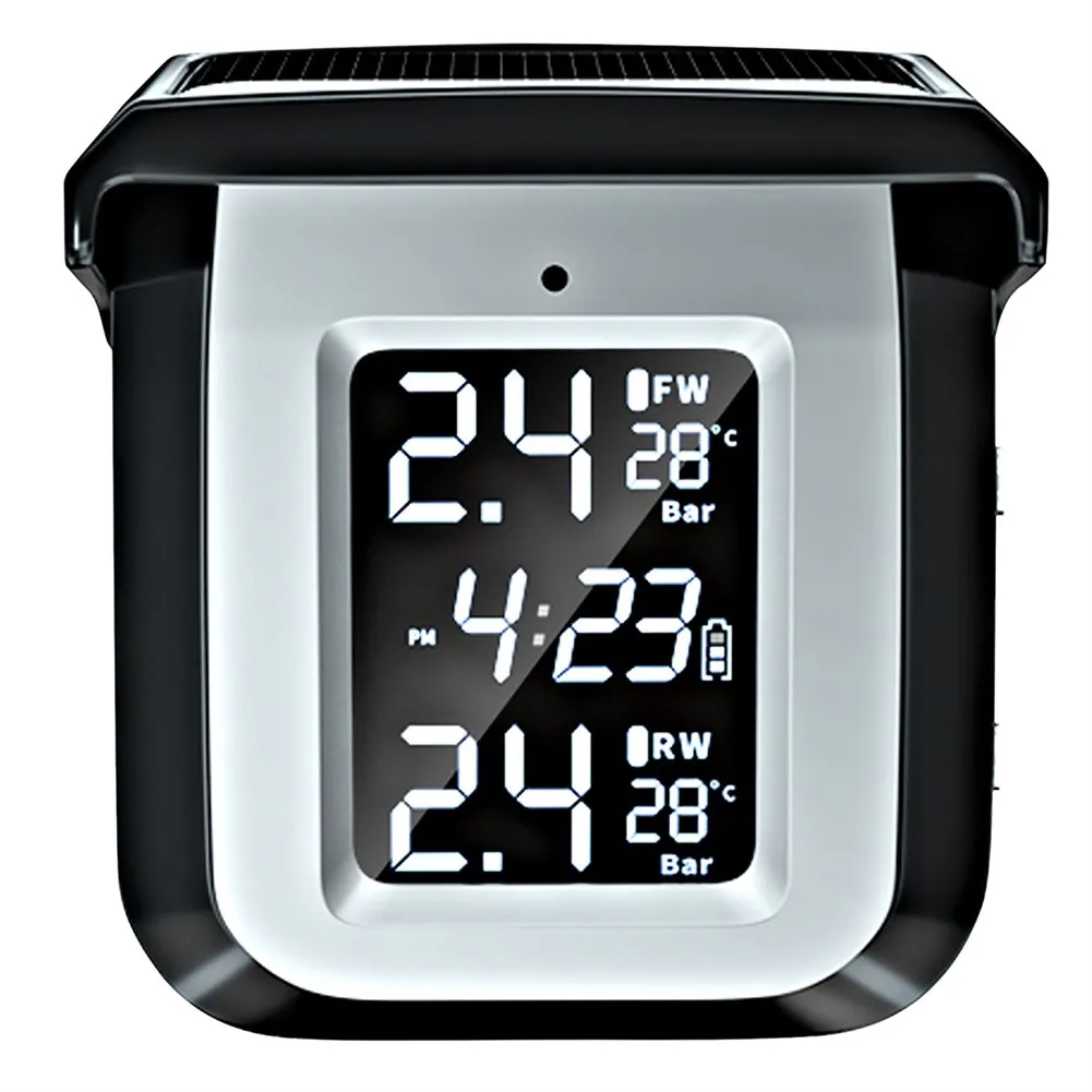 

Motorcycle TPMS Sensor Motor Tire Pressure Temperature Monitoring Alarm System With 2 External Sensors LCD Display USB Charging