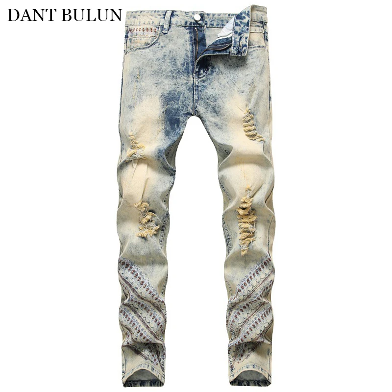 Men Jeans Ripped  Distressed Slim Fit Elastic Denim Trousers Embroidery Jeans Homme  Hip Hop Pencil Pants Male High Quality