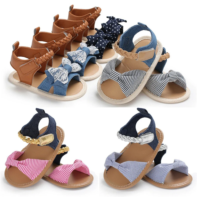 

2020 Children Summer Shoes Newborn Infant Baby Girl Boy Soft Crib Shoes Infants Anti-slip Sneaker Striped Bow Prewalker 0-18M