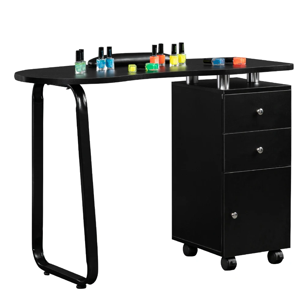 Manicure Table Unilateral Square/2 Drawers/1 Door/With Hand Pillow/With Wheels Black MDF Easy to Assemble and Wipe[US-Stock]