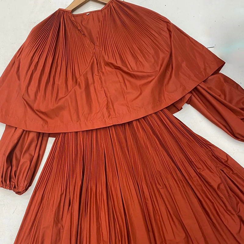 

TWOTWINSTYLE Casual Patchwork Women Dress V Neck Lantern Long Sleeve High Waist Ruffle Pleated Dresses For Female Fashion Tide