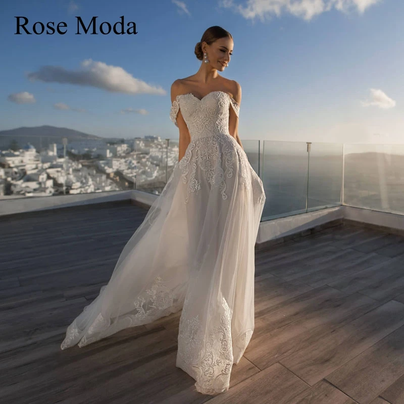 Rose Moda Off the Shoulder Cap Sleeves Lace Destination Wedding Dress Custom Make
