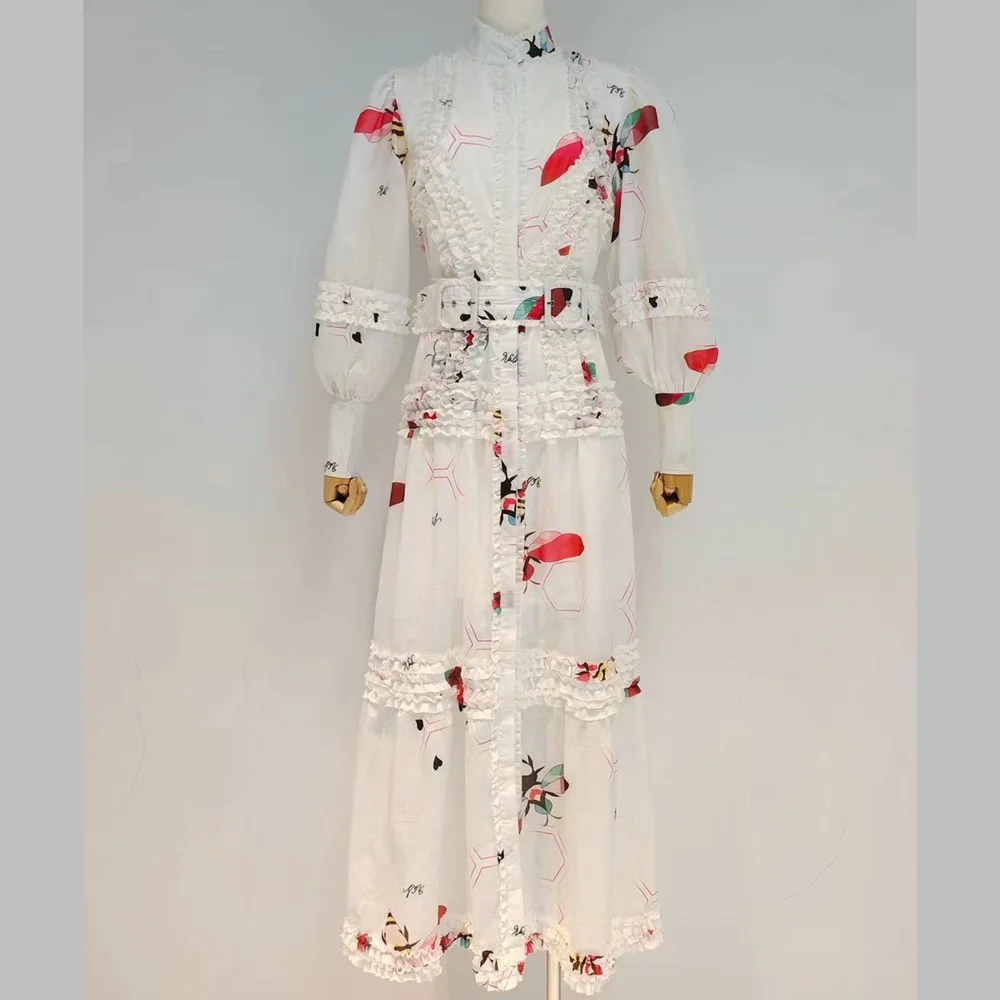 

Vacation Boho Flower Printed Long Dresses for Women 2021 Autumn Bohemian Sashes Lantern Sleeve White Patchwork Maxi Dress Female