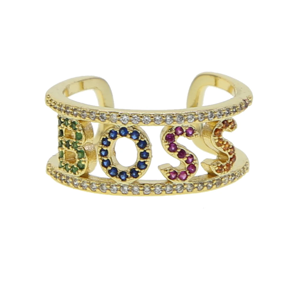 

letter jewelry gold filled colorful cz paved BOSS HAPPY LOVE letter open ring