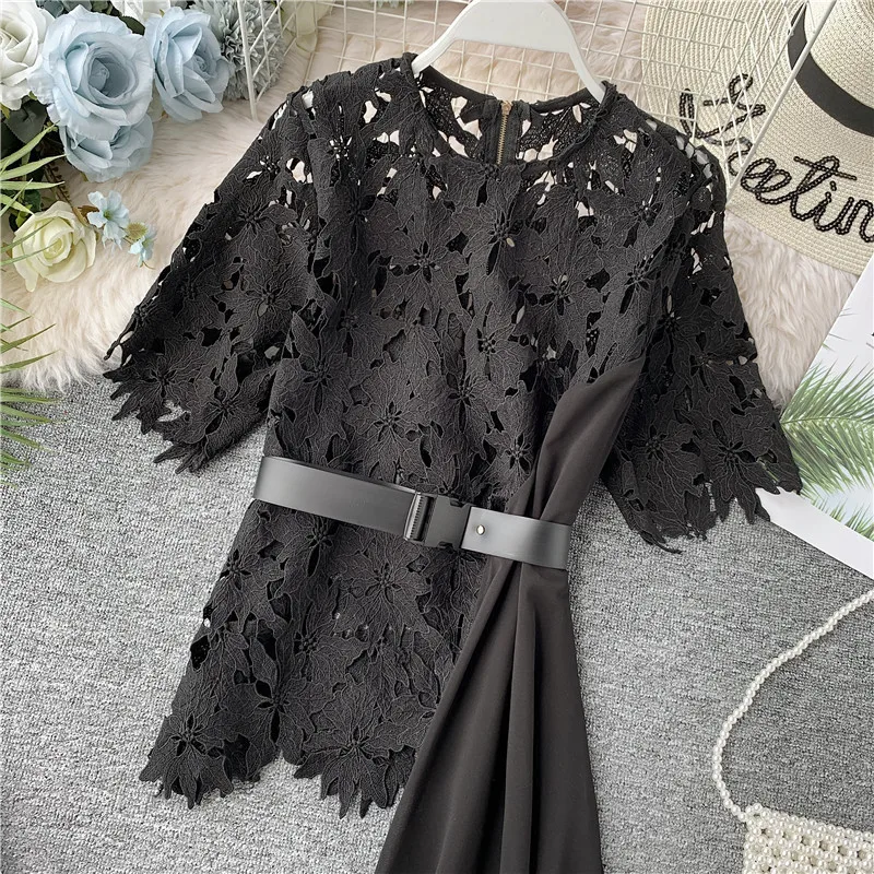

Women 2020 Spring Solid Blouses Lace Hollow Out Irregular Long Shirt Short Sleeve Chiffon Patchwork Slim