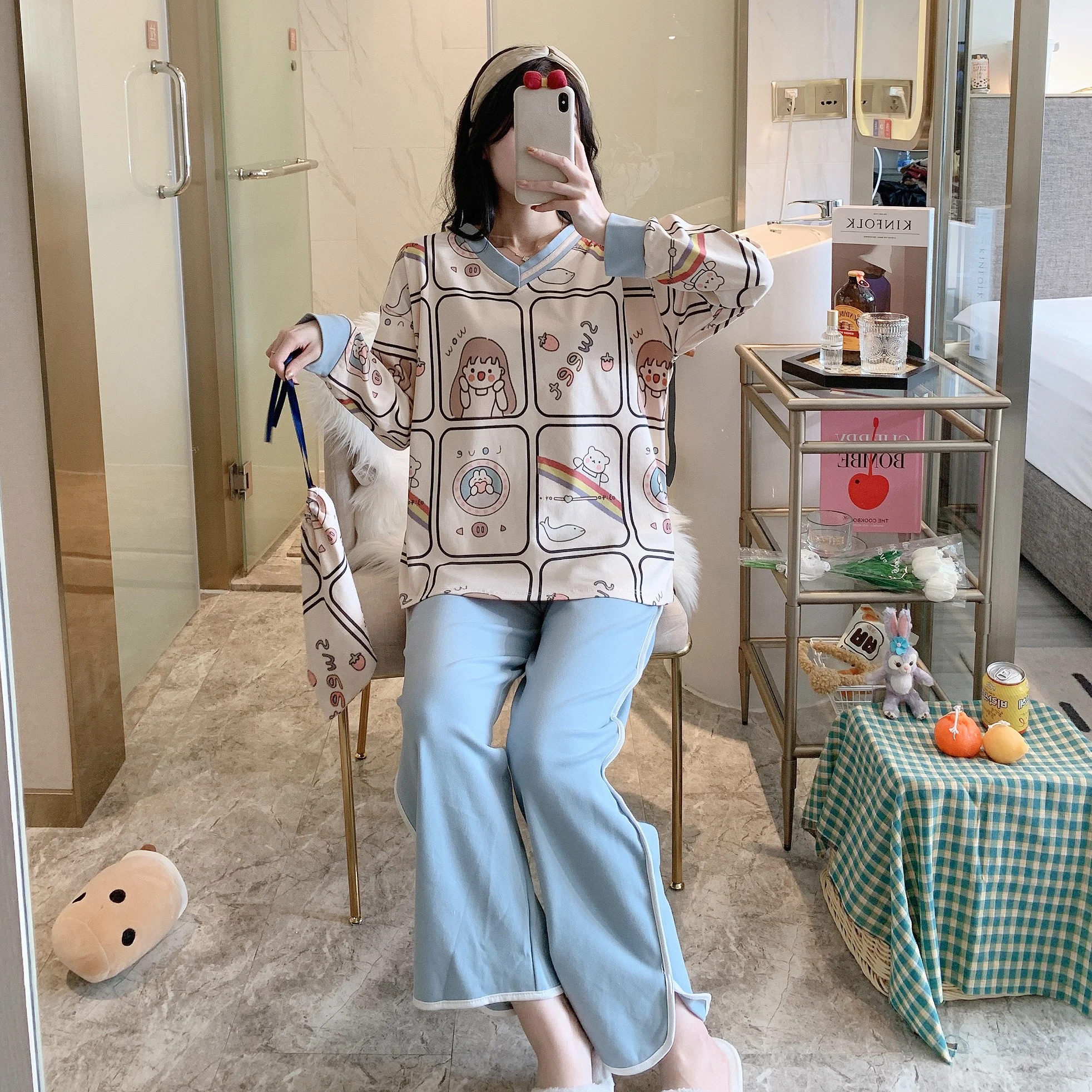 

Cute Bow Girl Cotton Pajama Set Long-sleeved Pajamas Sweet Beauty Spring And Autumn Sleepwear For Women HomeSuit