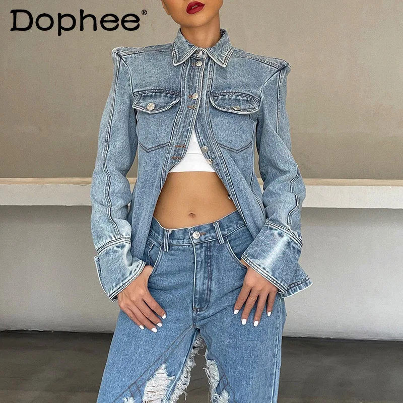 

Cool Girl Denim Jacket 2021 Fall Coat Lapel Single Breasted Blue Padded Shoulder Simple Short Jean Jacket Women Fashion Clothing