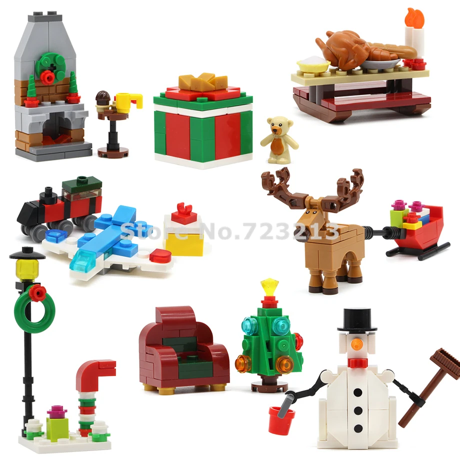 

8pcs Santa Claus Christmas Scene Eve Turkey Elk Fireplace Snowman Xmas Sled Building Blocks Model Toys Gift Children