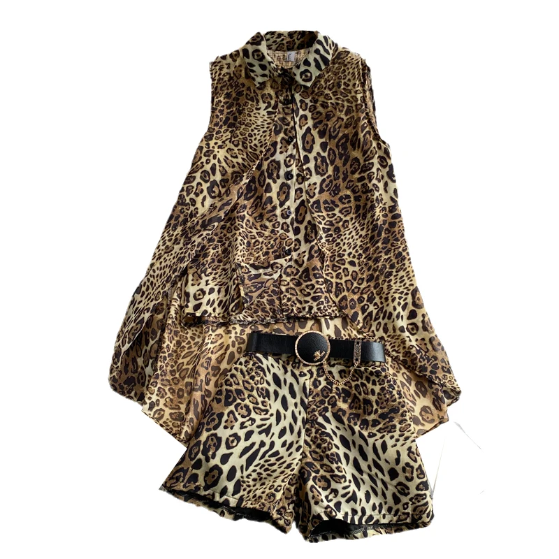 

shorts suits summer new female fashion brim minus age show thin sleeveless shirt fashionable leopard two-piece outfit