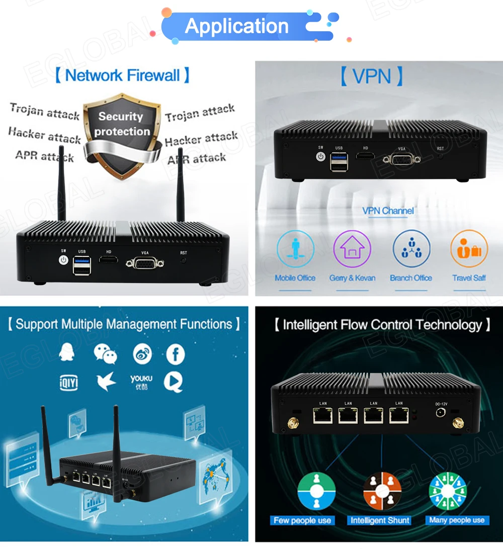 Фрезерный экран мини-ПК Intel J1900 настольный компьютер 4 * WGI211AT Gigabit RJ45 Lan 1 COM