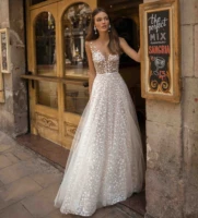 lace beach wedding dresses illusion boho v neck floral applique back a line tulle bridal robe gowns sweep train custom made 2021