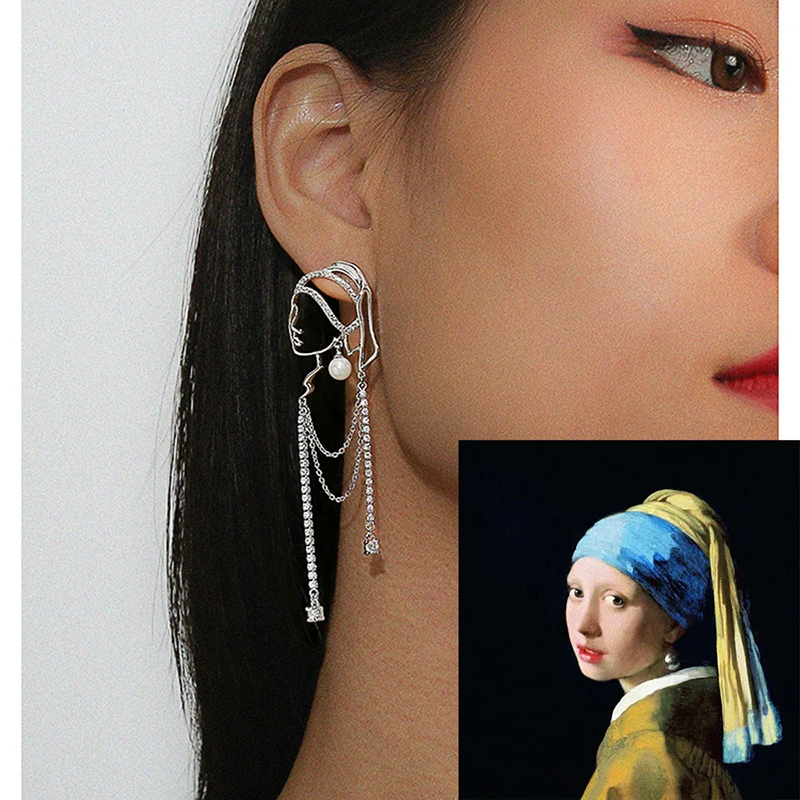 

Vintage Gold Color 925 Silver The Girl with A Pearl Earrings Shape Long Tassel Drop Earrings for Women Geometric Earring Jewelry